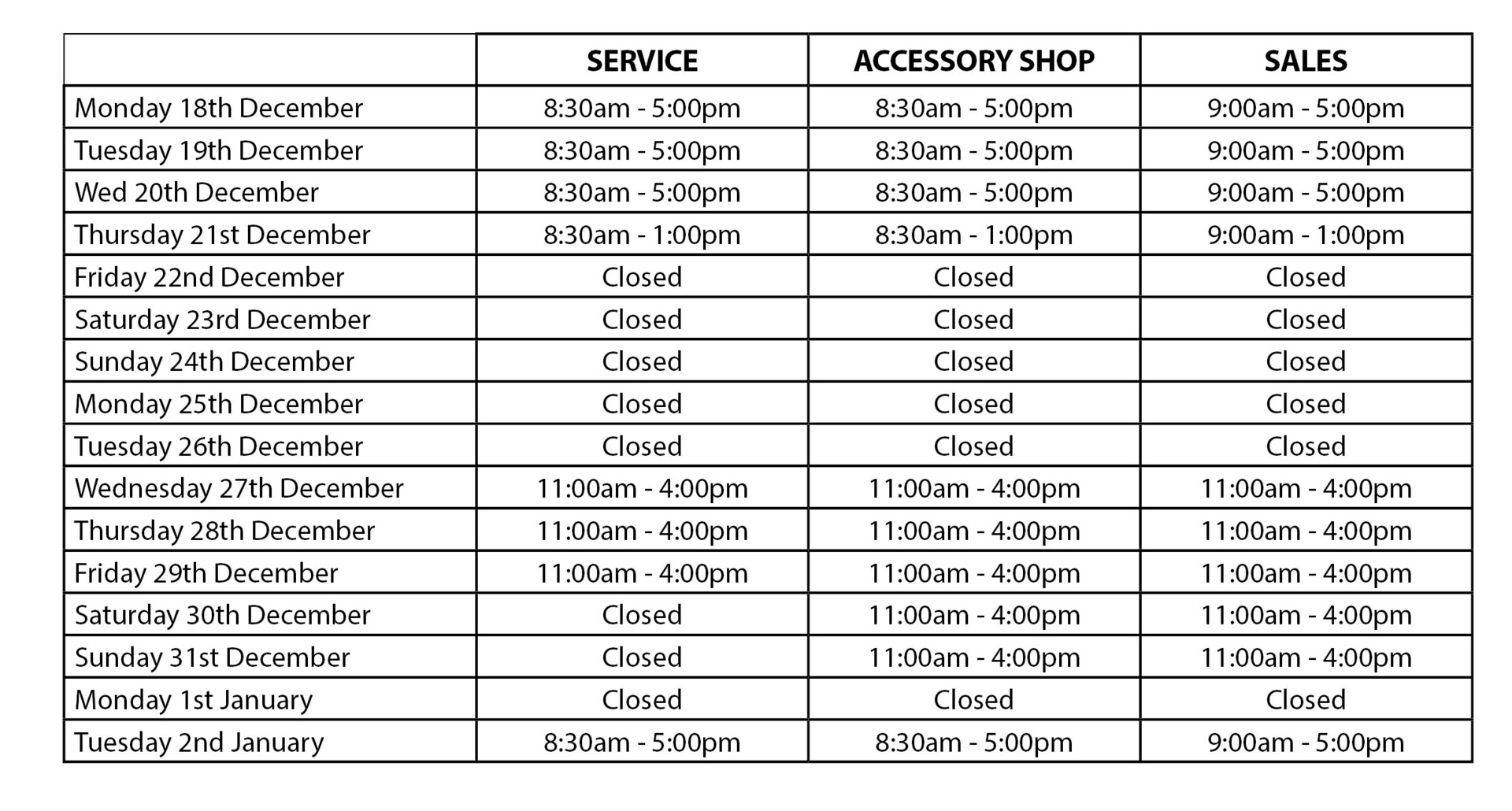 Christmas Opening Times 2017